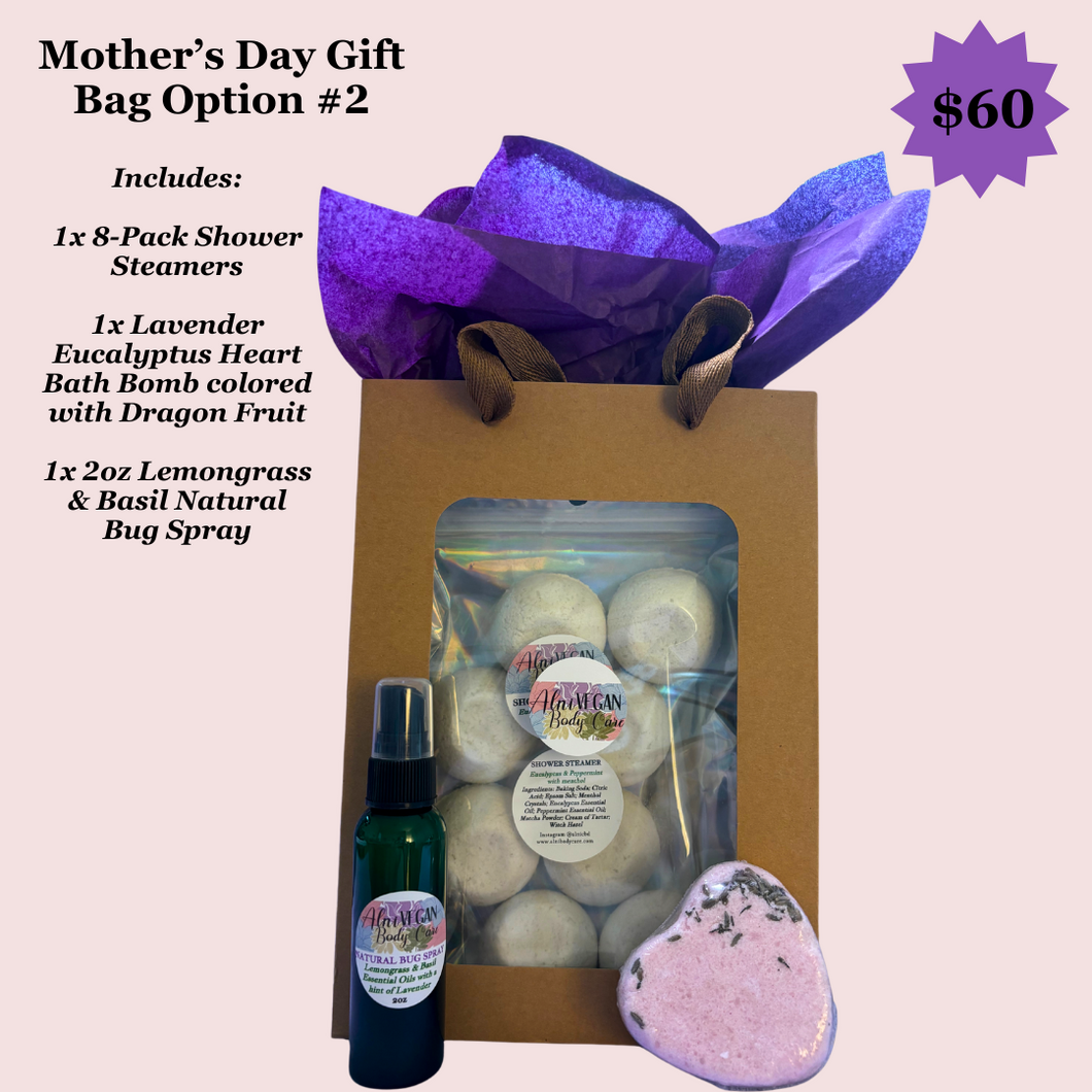 Mother's Day Gift Set #2 8-Pack Aromatherapy Shower Steamers, one Lavender Eucalyptus Heart Bath Bomb colored with Dragon Fruit, and one 2oz Lemongrass and Basil Natural Bug Spray