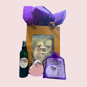 Mother's Day Gift Set #3 8-Pack Aromatherapy Shower Steamers, one Lavender Eucalyptus Heart Bath Bomb colored with Dragon Fruit, 1x 4oz Lemongrass and Basil Natural Bug Spray, 1x Lavender Eucalyptus Seashell Shower Steamer